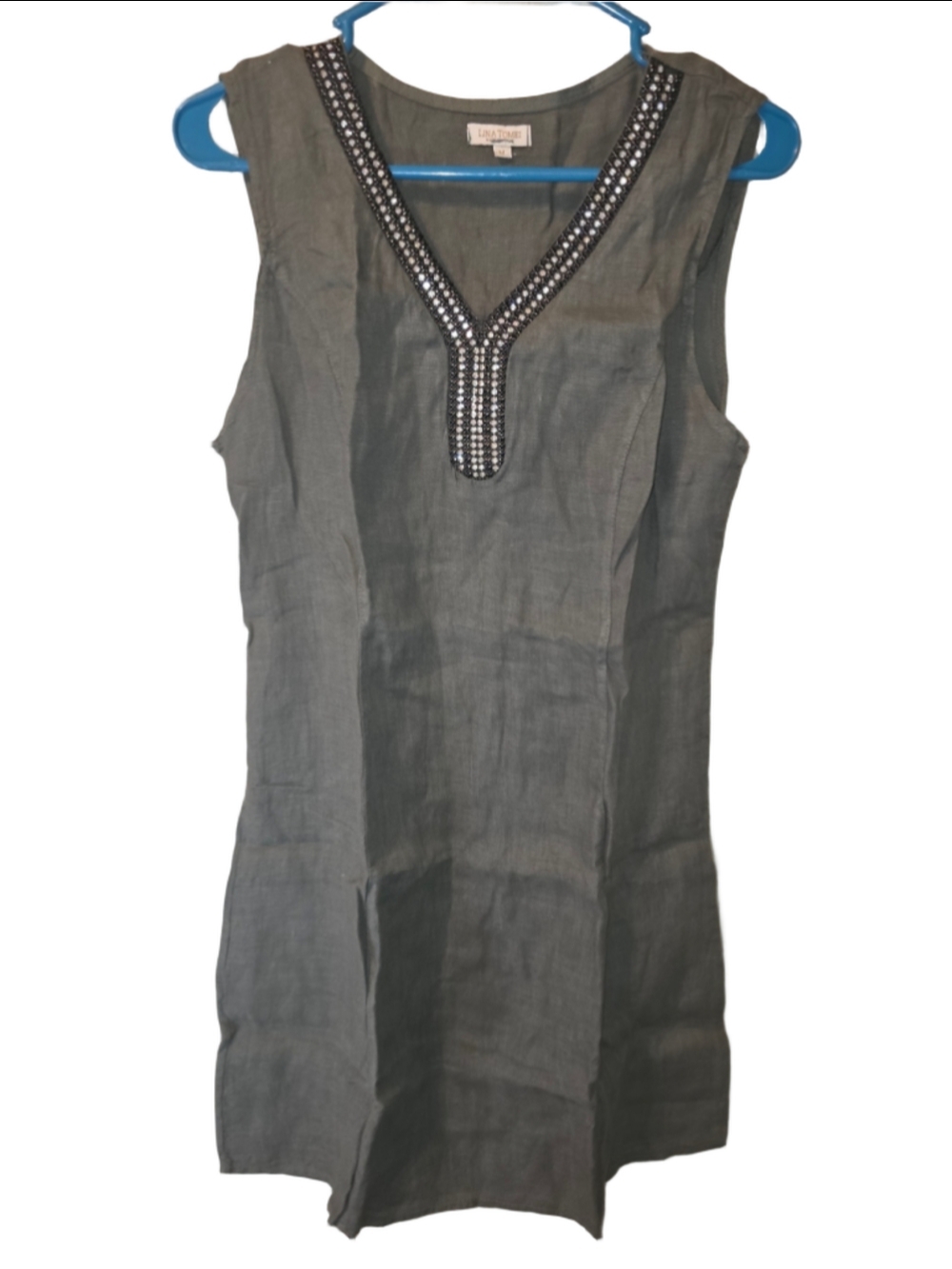 Women's Lina Tomei Grey olive Mini Dress with Silver Embellishments, Size M chic